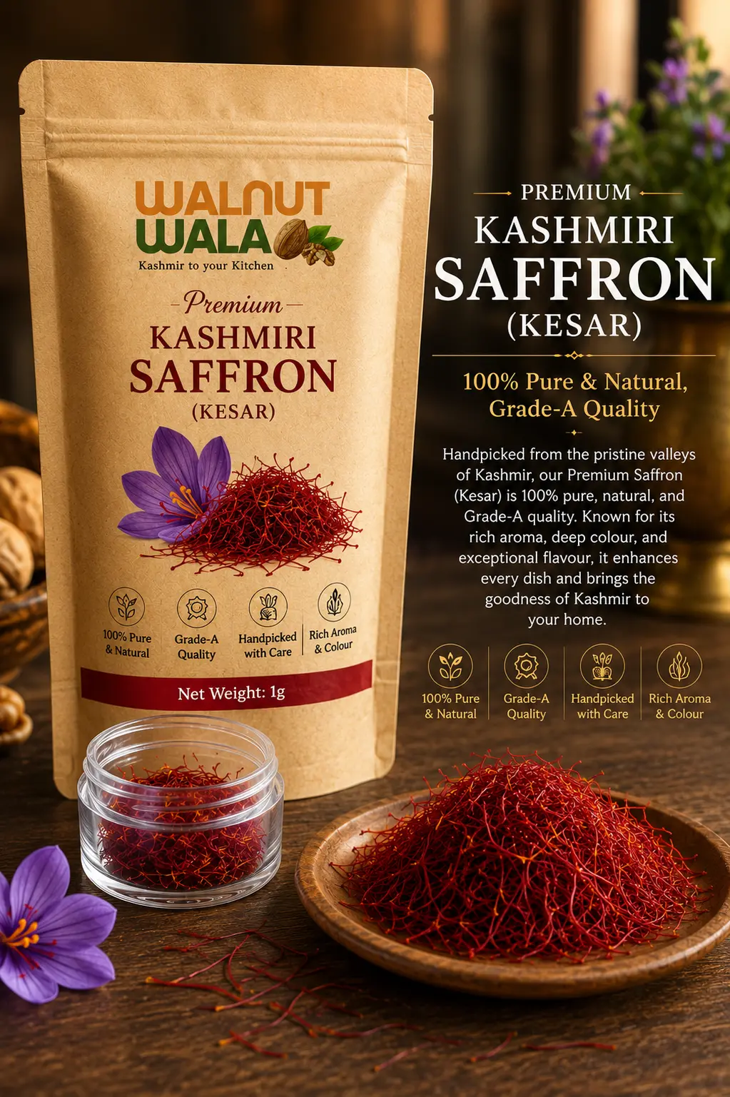 Buy Premium Kashmiri Saffron (Kesar) – 100% Pure & Natural, Grade-A Quality. online - Walnut Wala